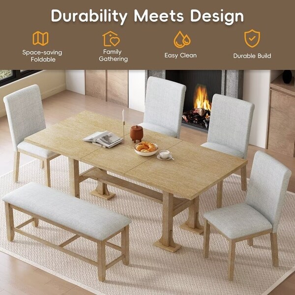 Extendable Dining Table Set，with Removable Leaf and Upholstered Chairs