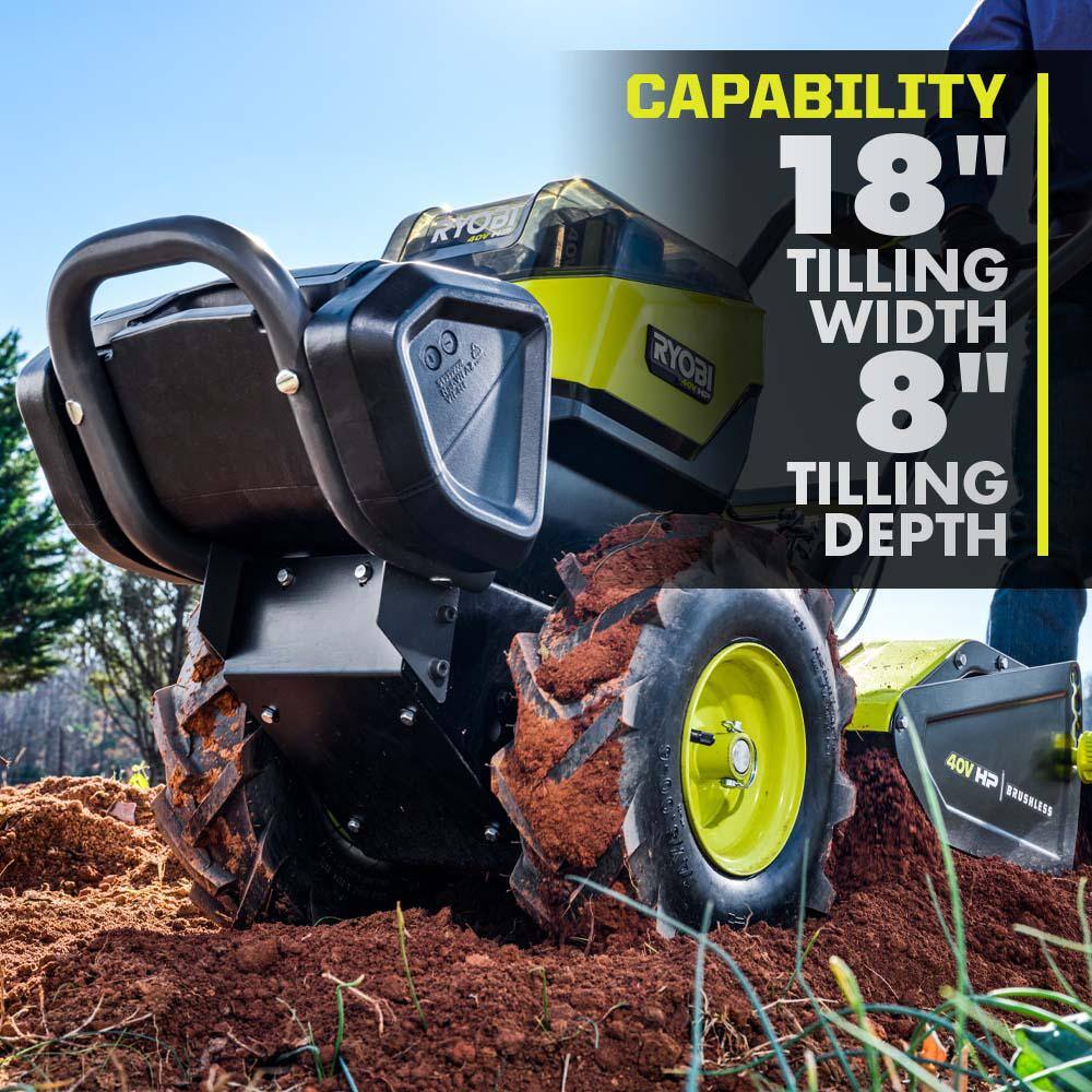 RYOBI 40V HP Brushless 18 in. Battery Powered Rear Tine Tiller  18V ONE+ 8 in. Cordless Cultivator - 40V  18V 4 Ah Batteries RY40720-C