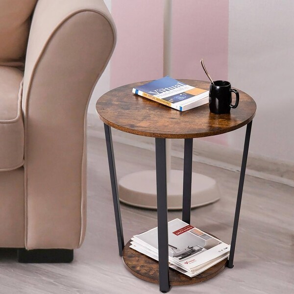 Vintage 2-Tier Round Side Table / End Table，Rustic Brown