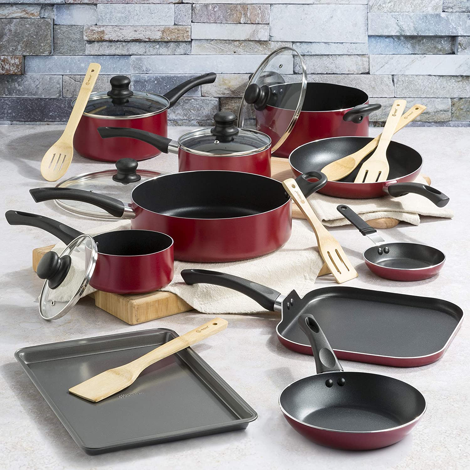 Nonstick Cookware Set, Features Kitchen Essentials, Bamboo Cooking Utensils Set, Vented Glass Lids, Ergonomic Grip Handles, Made without PFOA, Dishwasher Safe, 20-Piece, Red