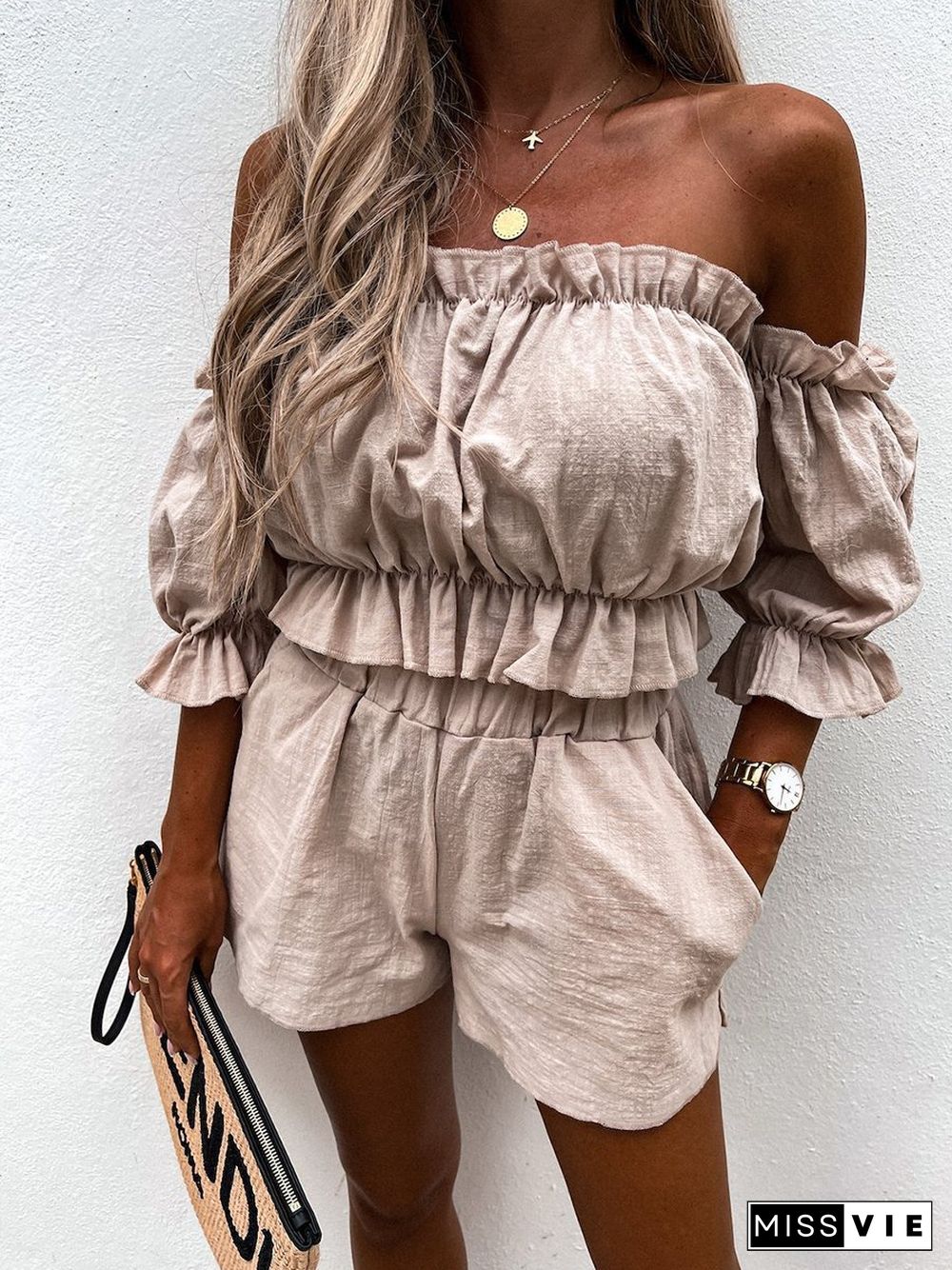 Unique Summer Off Shoulder Linen Shorts Suit P16107