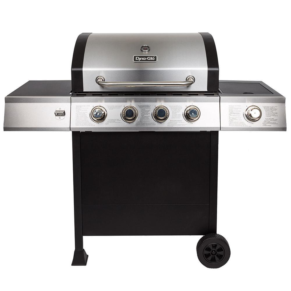 DynaGlo 4Burner Open Cart Propane Gas Grill in Stainless Steel with Side Burner