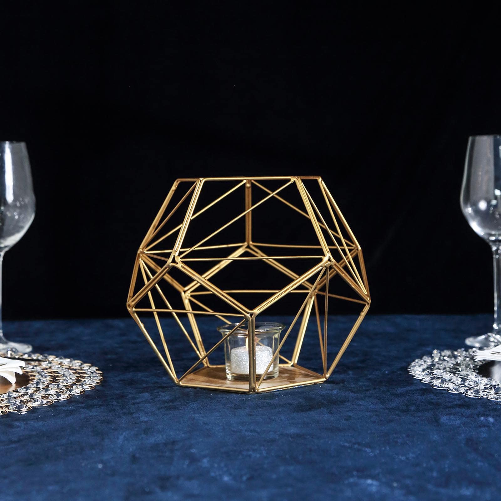 Gold Metal Pentagon Prism Tealight Candle Holder, Open Frame Geometric Flower Stand 7