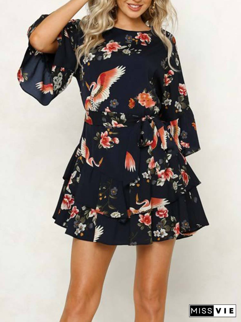 White 3/4 Length Sleeve Floral Pleated Hem Mini Dress