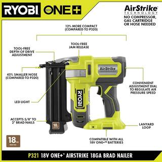 RYOBI ONE+ 18V 18-Gauge Cordless AirStrike Brad Nailer with 1.5 Ah Battery and Charger P321KN