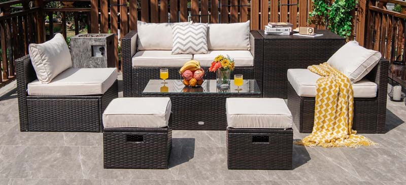 8 Pcs Rattan Patio Sectional Sofa Set with Storage Box & Waterproof Cover