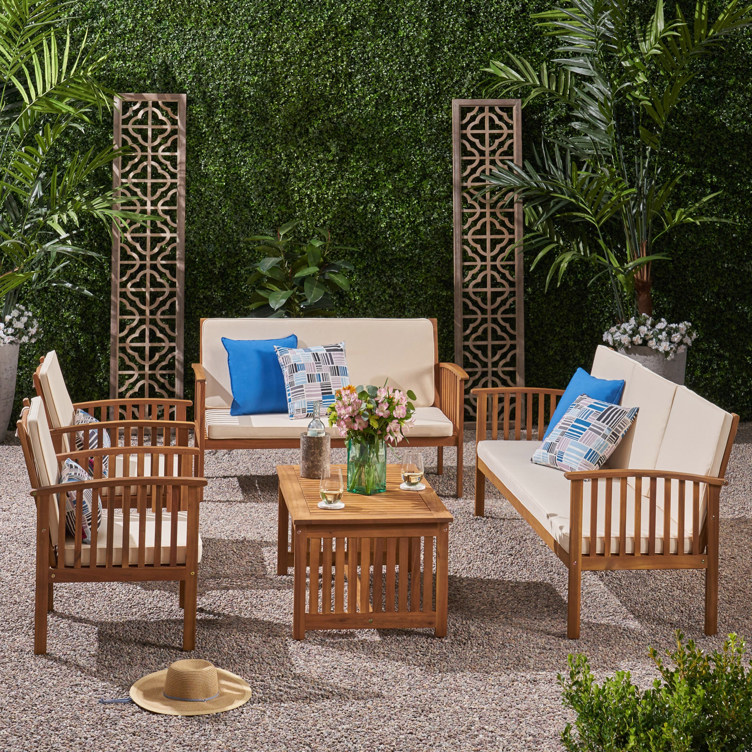 Simona Outdoor 5 Piece Acacia Wood Conversational Set