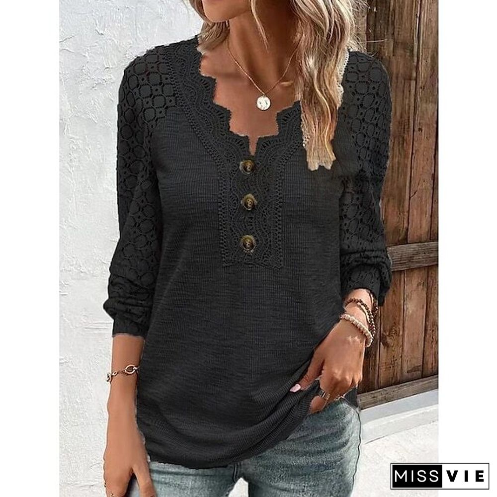 Women's T shirt Tee Plain Black White Red Lace Long Sleeve Daily Weekend Elegant Fashion Basic V Neck Regular Fit Fall & Winter