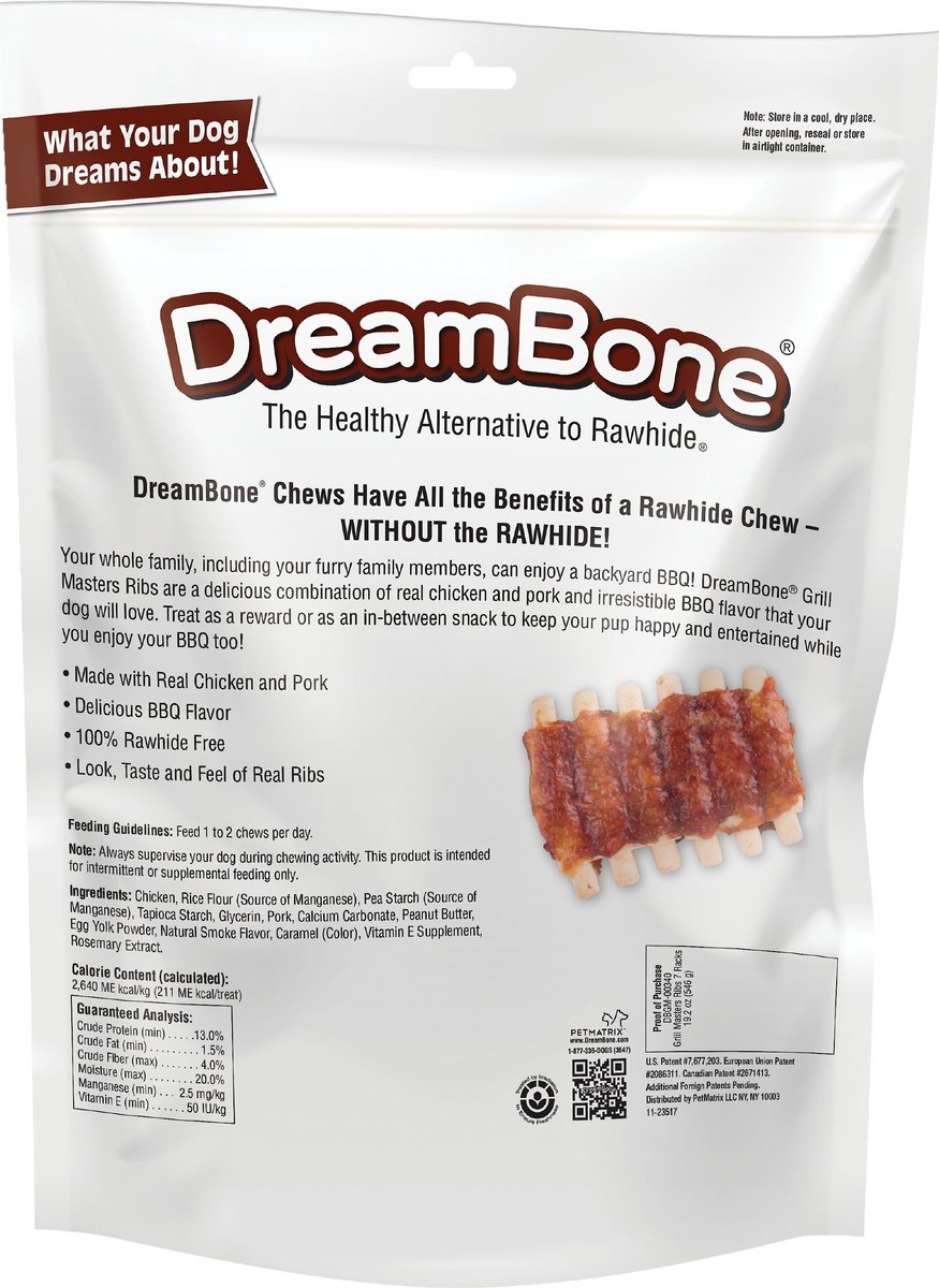 DreamBone Grill Masters Ribs Chews Dog Treats， 7 Full Racks