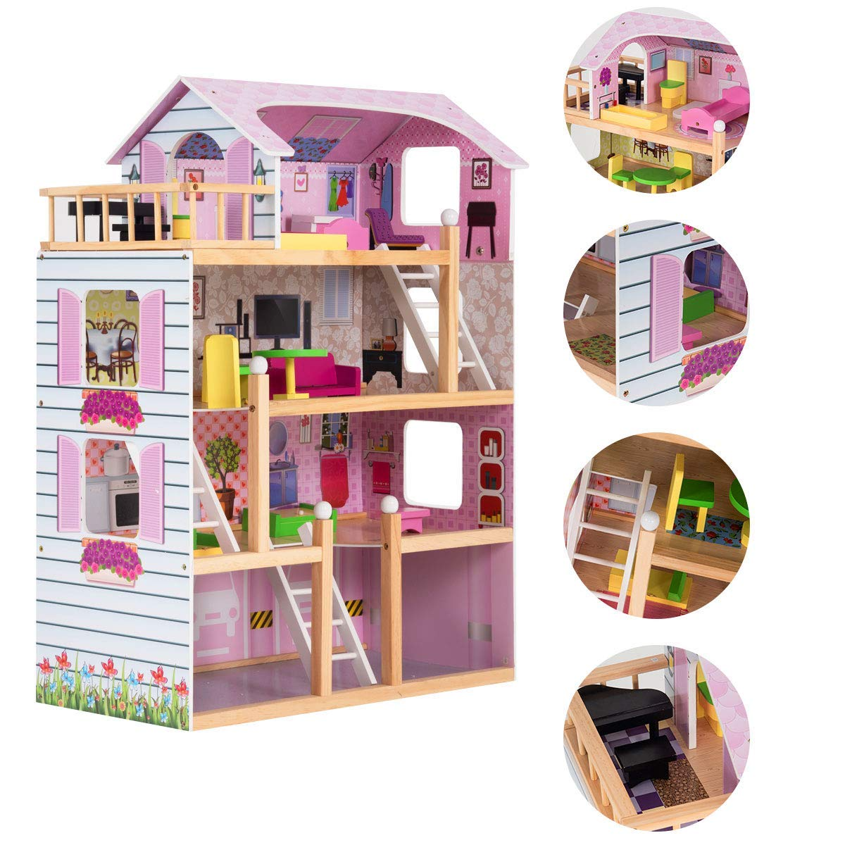 Costzon Dollhouse, Toy Family House with 13 pcs Furniture, Play Accessories