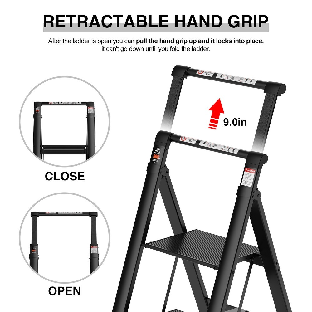 Retractable Handgrip Folding 3 Step Ladder with Anti Slip Wide Pedal