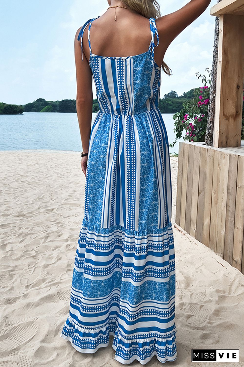 Blue Striped Sling Long Dress Wholesale