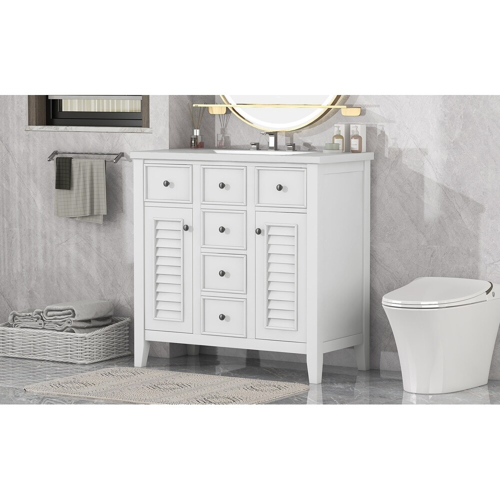 Modern Bathroom Vanity with Ceramic Basin  Five Drawers