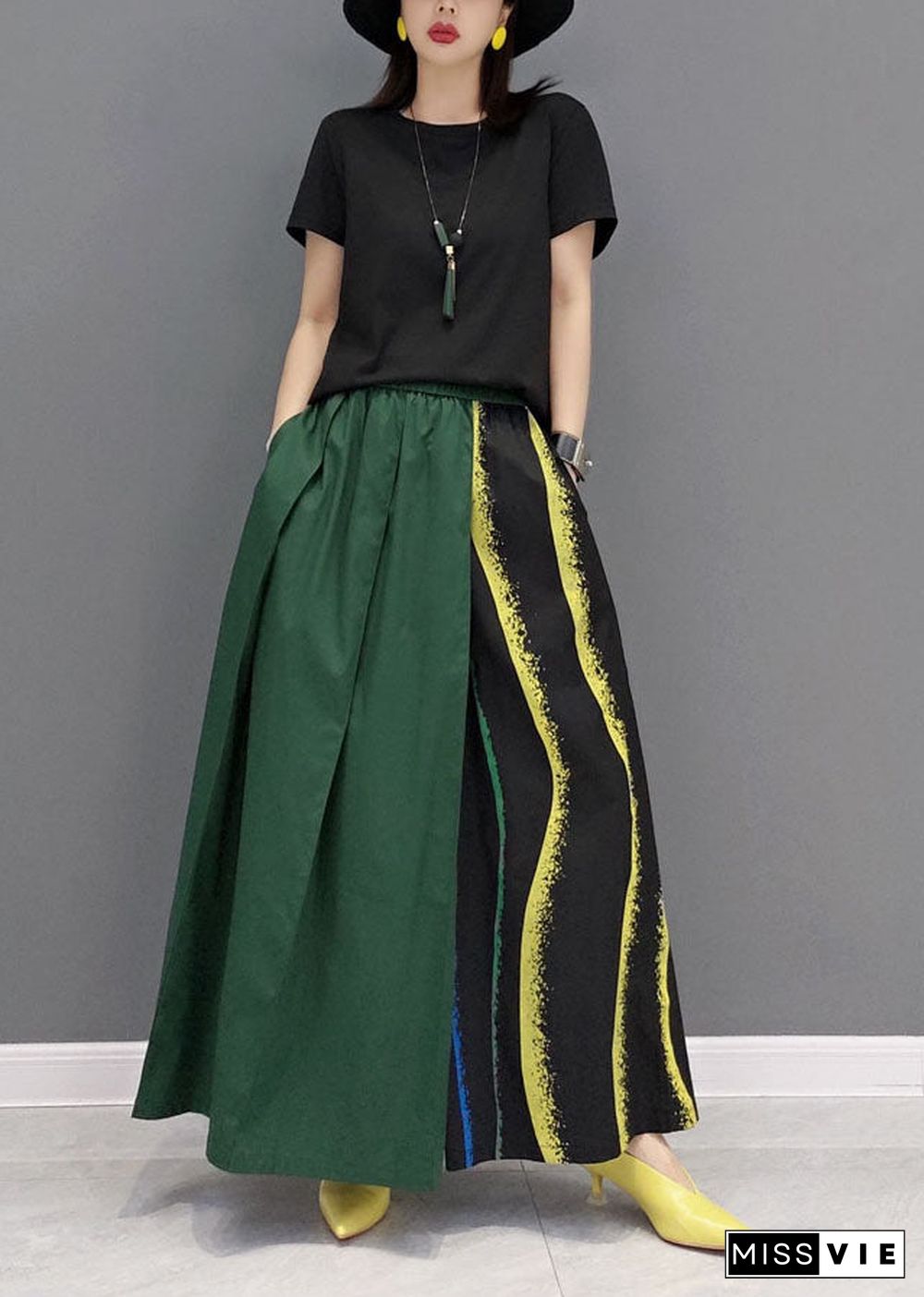 Green Asymmetrical Design Cotton Pants Skirt Elastic Waist Spring