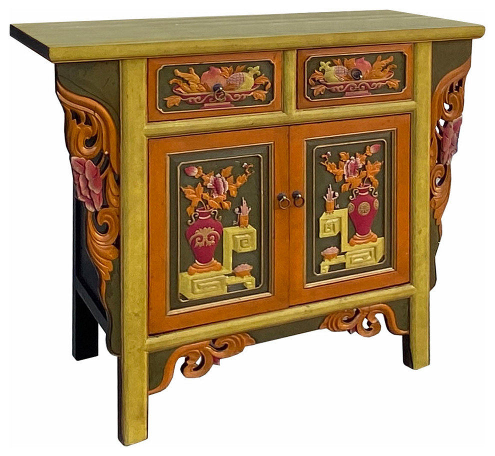 Chinese Distressed Mustard Yellow Orange Flower Carving Table Cabinet Hcs7111   Asian   Side Tables And End Tables   by Golden Lotus Antiques  Houzz