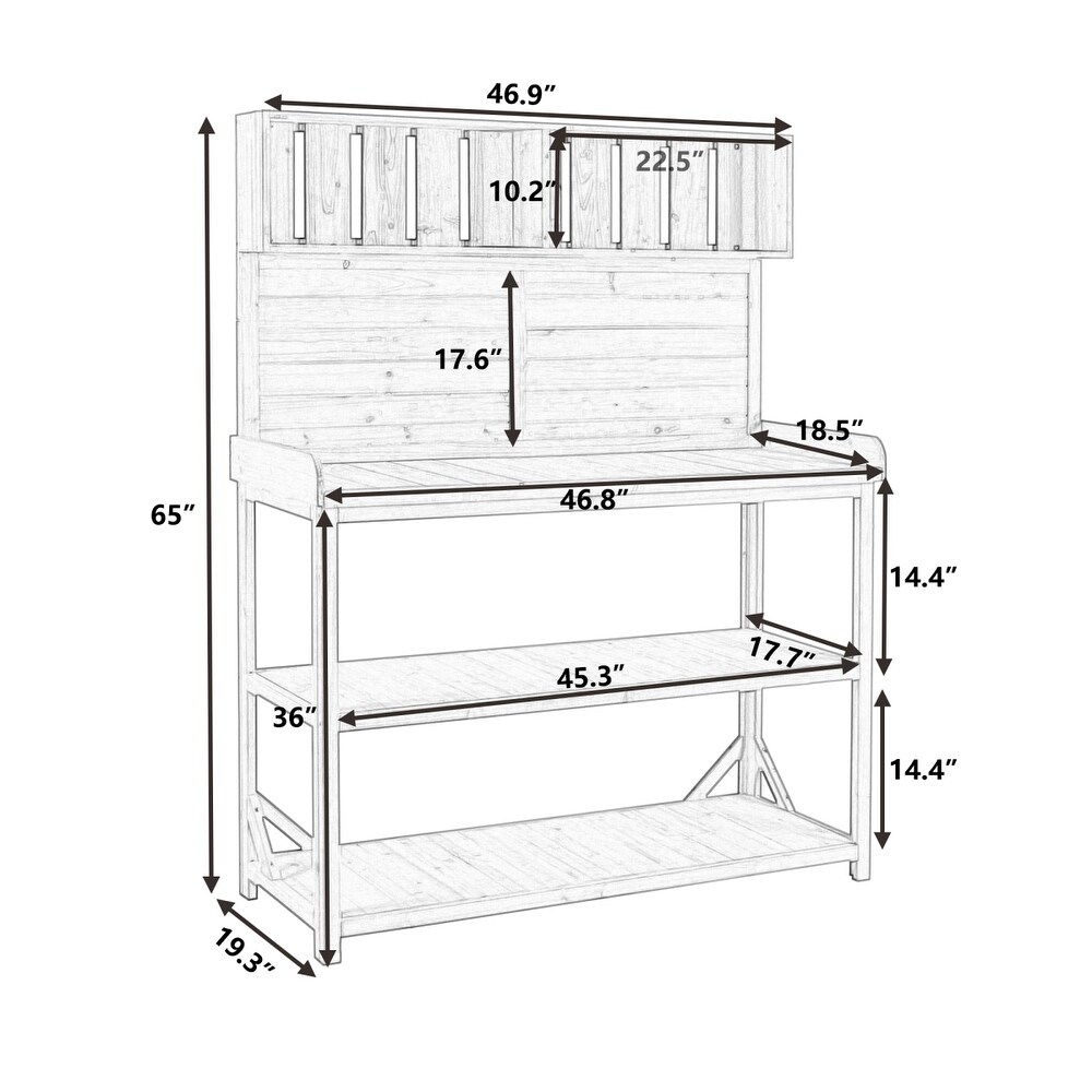 Large Wooden Outdoor Potting Bench Table  Patio Workstation  Garden Potting Bench with 4 Storage Shelves and Side Hook