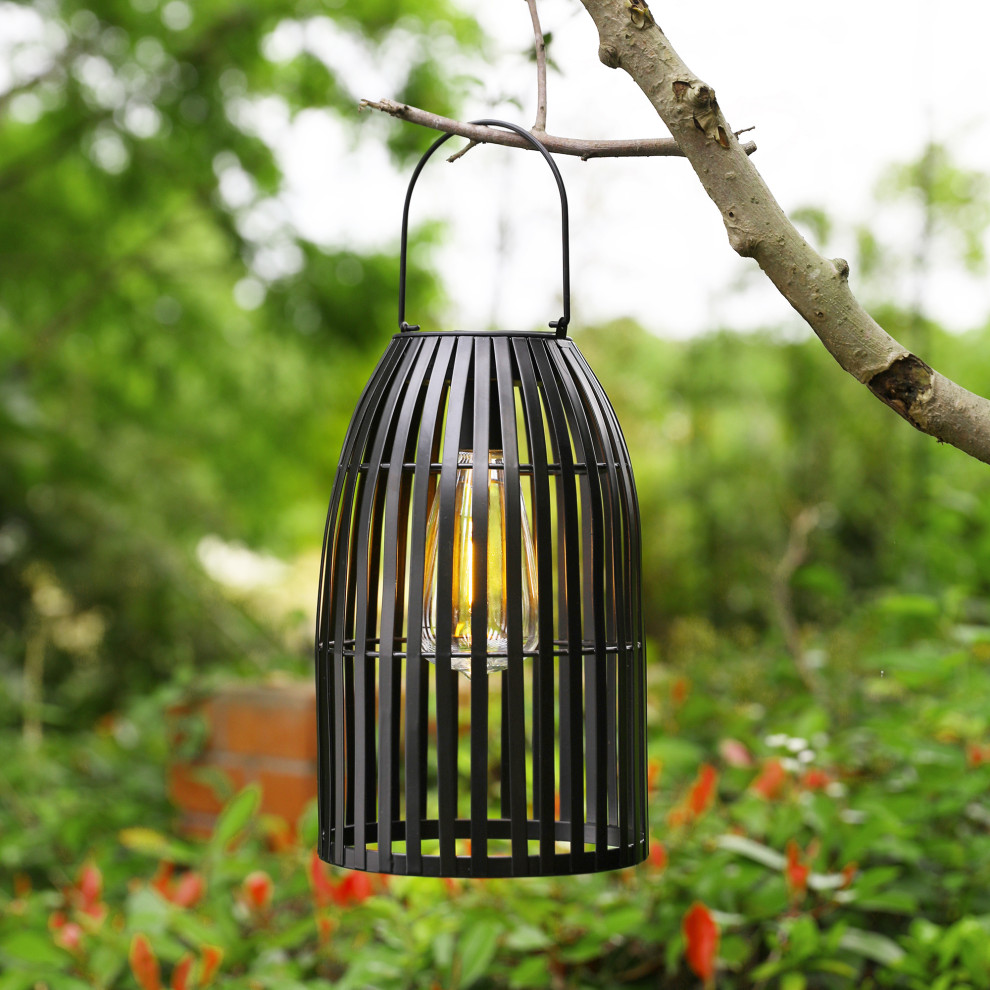 9.75 Metal Woven Black Solar Powered Outdoor Hanging Lantern   Industrial   Outdoor Hanging Lights   by Glitzhome  Houzz