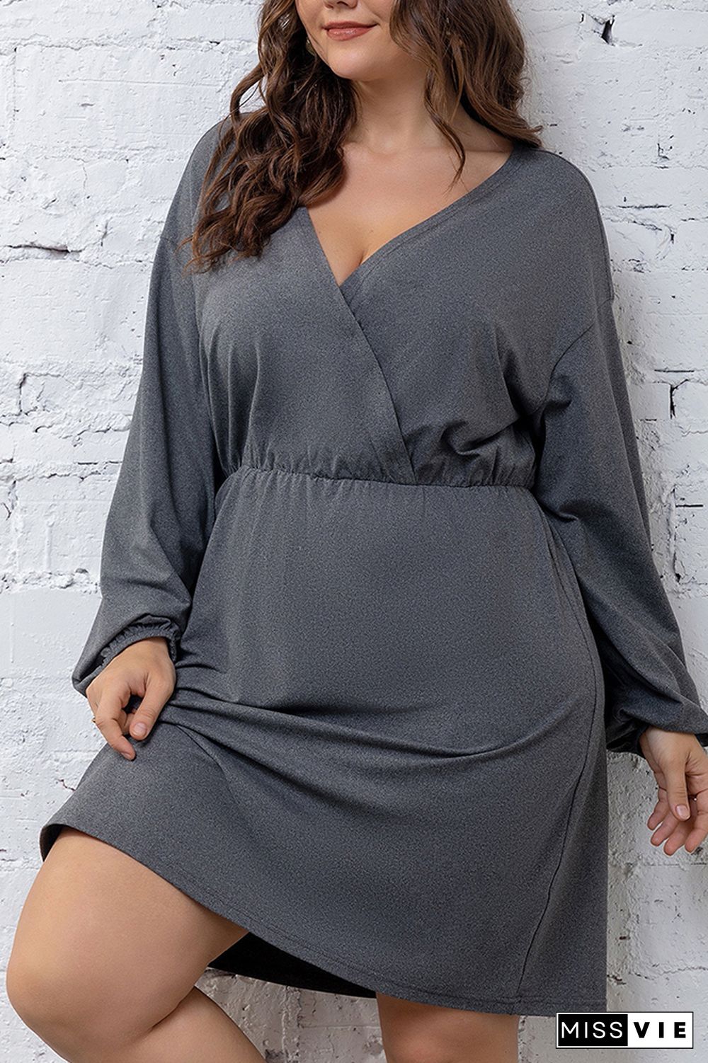 Dark Grey Surplice V Neck High Waist Plus Size Dress