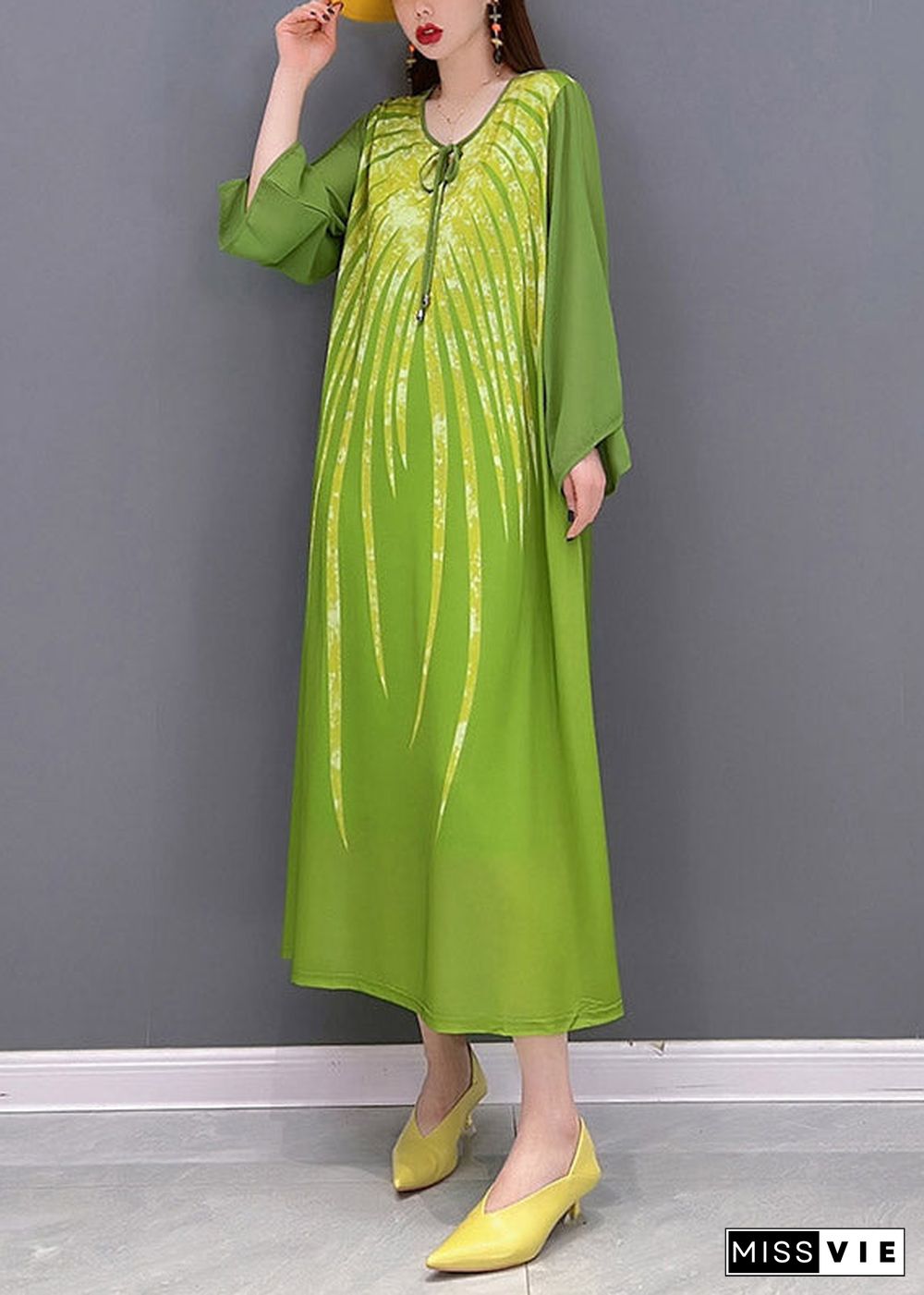 Green Chiffon vacation Dress Appliques Lace Up Long Sleeve