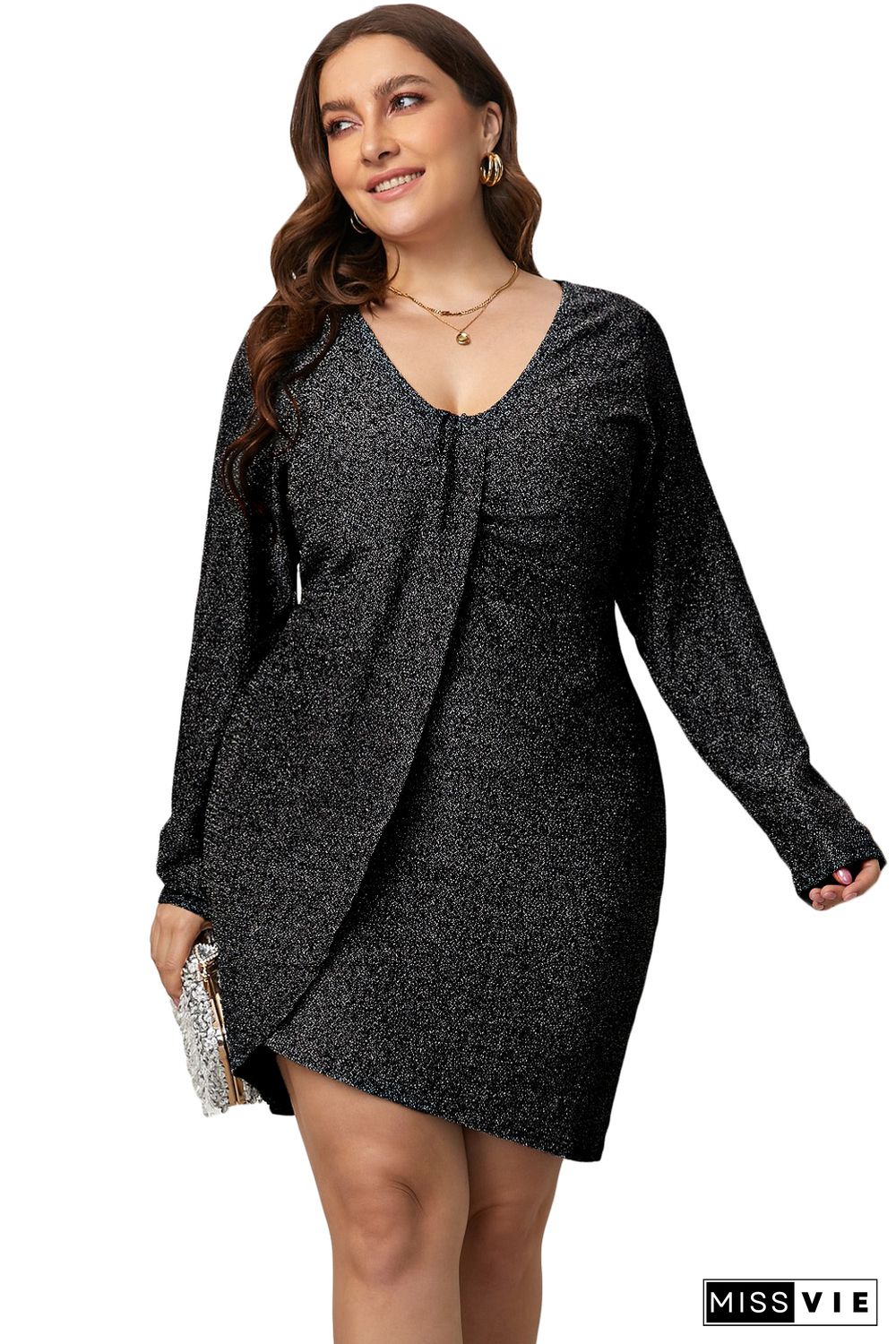 Asymmetric Hemline V Neck Metallic Plus Size Dress