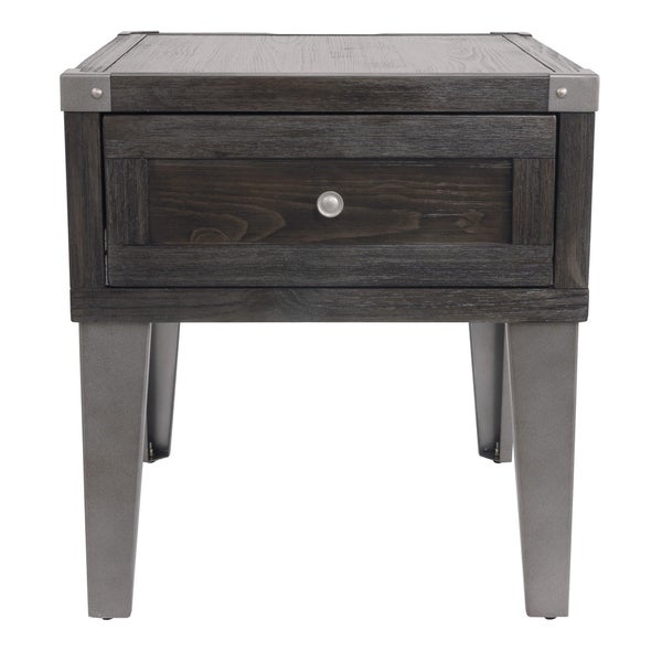 Rectangular Wooden End Table with 1 Drawer and Corner Metal Brackets， Gray