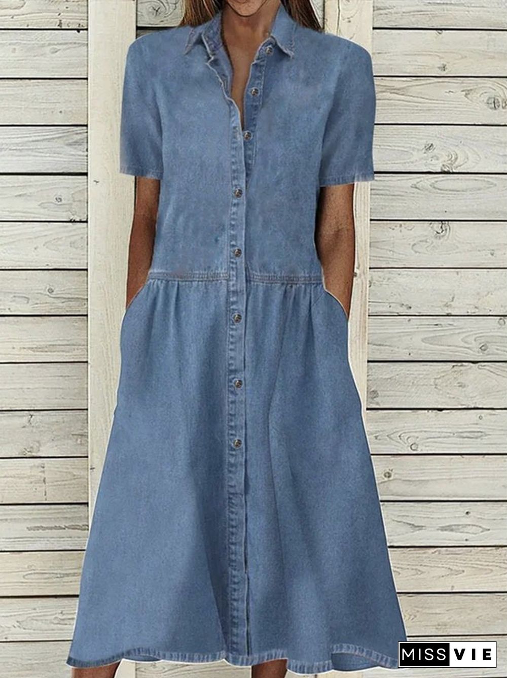 Women'S Dresses Casual Lapel Button Pocket Denim Dress