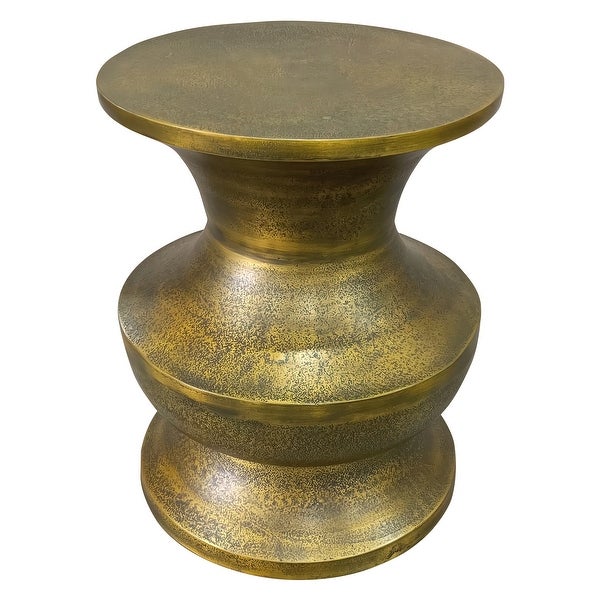 18 Inch Round Accent Side End Table， Turned Pedestal Base， Aluminum， Antique Gold Brass