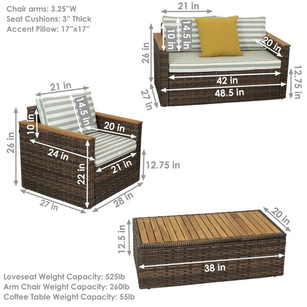 Sunnydaze Outdoor Rattan And Acacia Wood Kenmare Patio Conversation Furniture Set With Loveseat Chairs Table And Seat Cushions Green Stripe 4pc