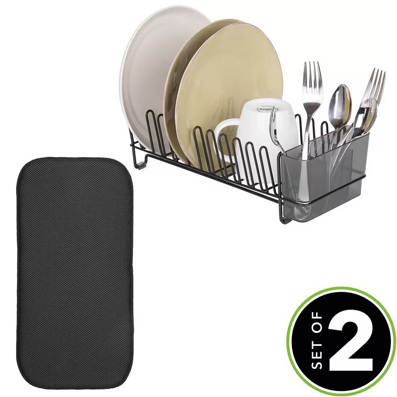 mDesign Kitchen Counter Dish Drying Rack and Microfiber Mat， Set of 2