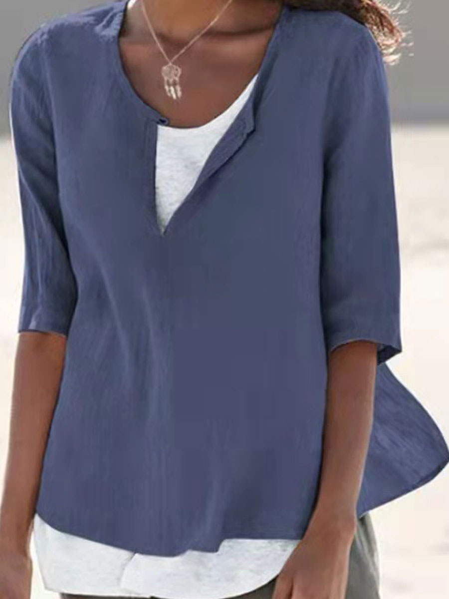 Round Neck Casual Loose Solid Color Long Sleeve Blouse