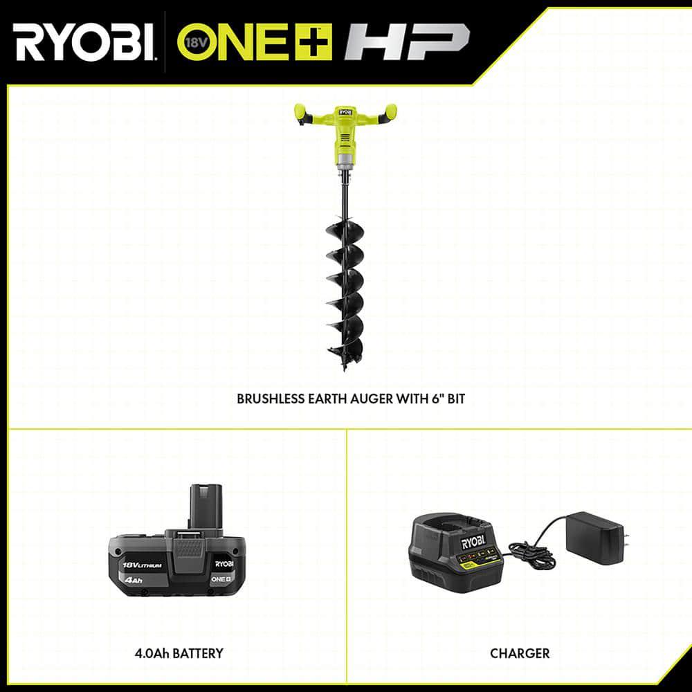 RYOBI ONE HP 18V Brushless Cordless Earth Auger with 6 in Bit with 40 Ah Battery and Charger