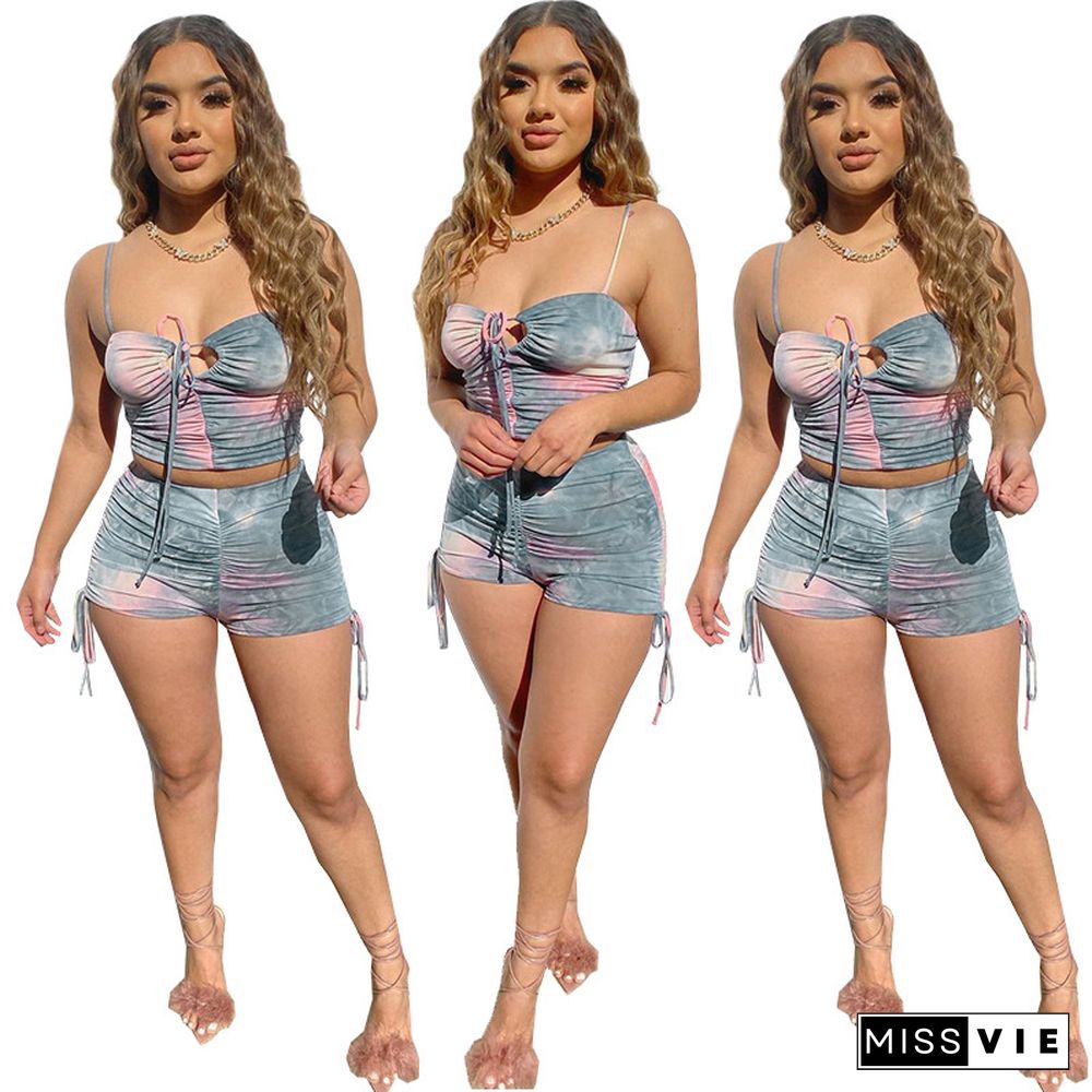 Ruched Tie dye Print Spaghetti Strap Crop Top Shorts 2 Pieces