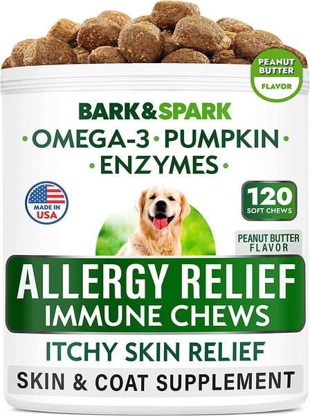 BarkandSpark Allergy Relief Immune Chews Dog Treats Skin and Coat Supplement， 120 count