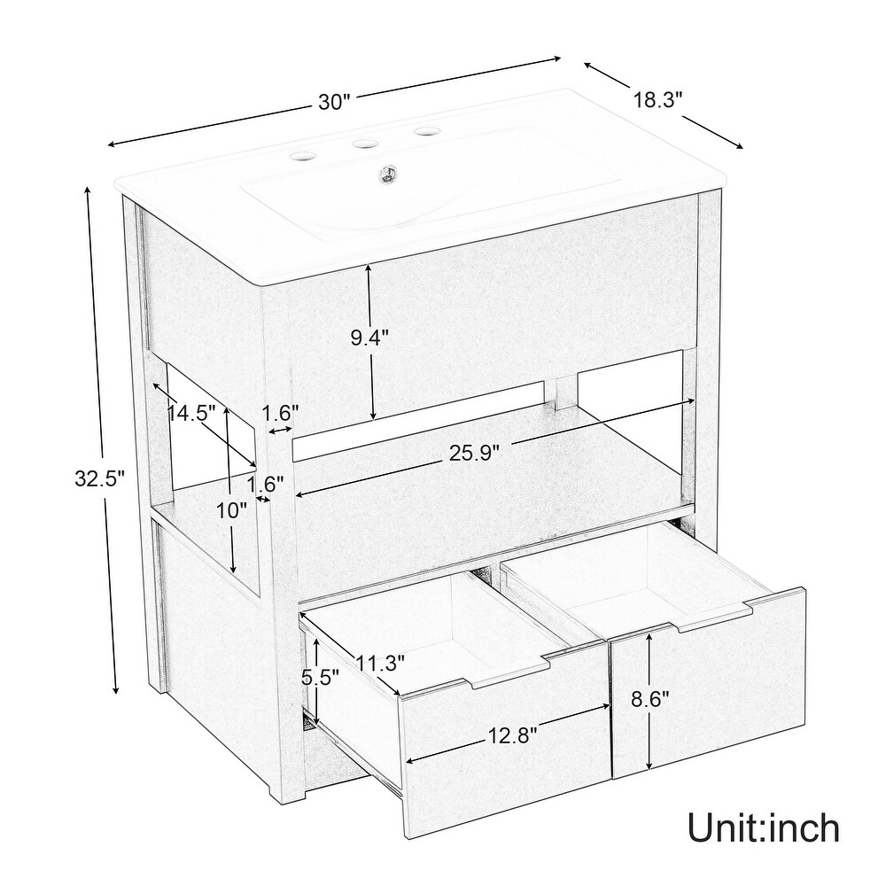 Multifunction Vanity with Ceramic Sink  Bathroom Sink Counter  Open Storage Shelf with 2 Drawers  Toilet Standing Cabinet