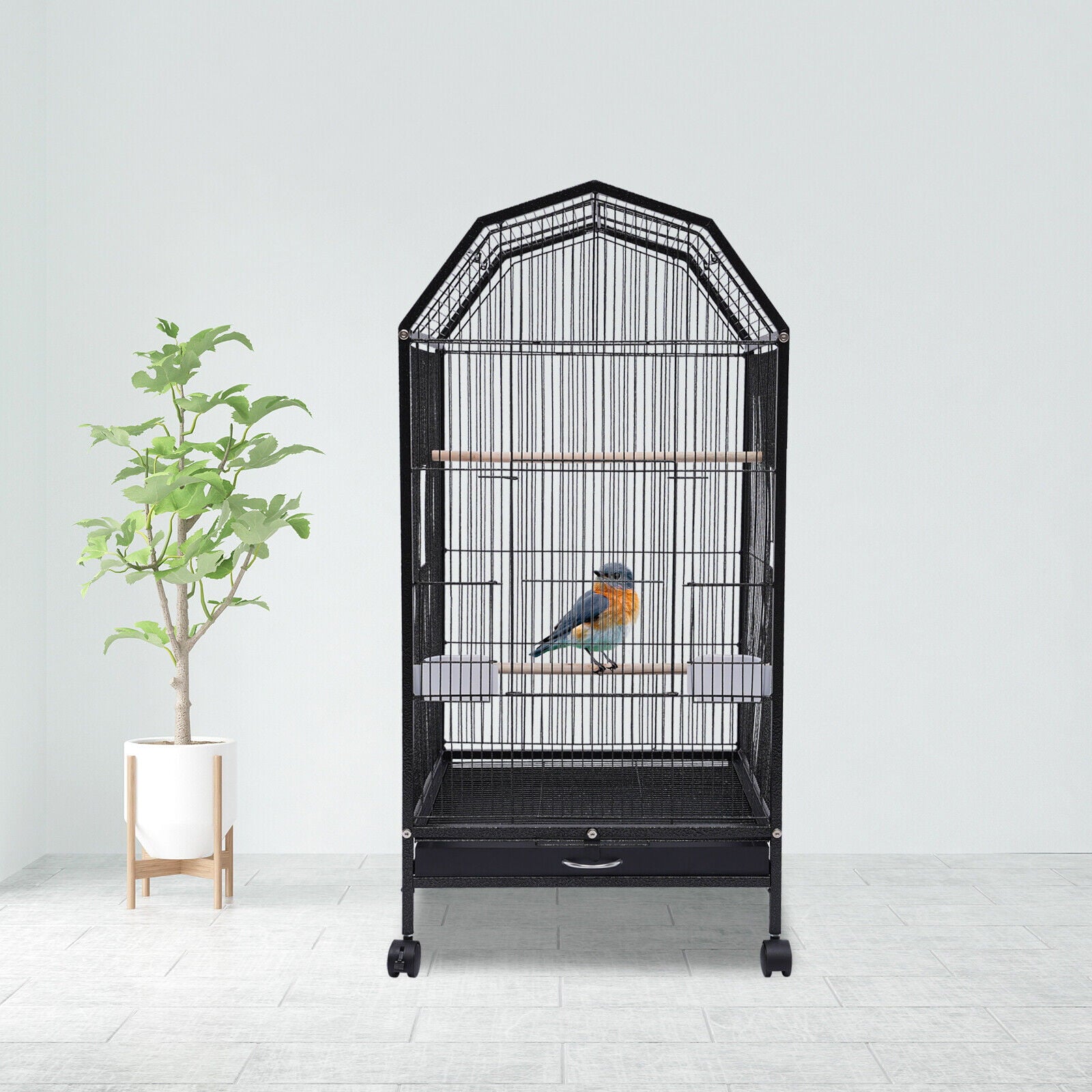 Miumaeov Black Iron Parakeet Bird Cage with Stand Metal Panorama Pet Bird Flight Cages with Wheels Feeding Cups and Standing Poles