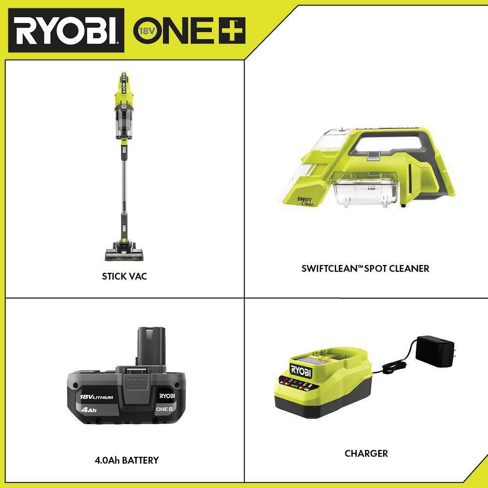 RYOBI ONE+ 18V Cordless Stick Vacuum Cleaner Kit w 4.0 Ah Battery Charger  ONE+ Cordless SWIFTClean Spot Cleaner PCL720K-PCL756B