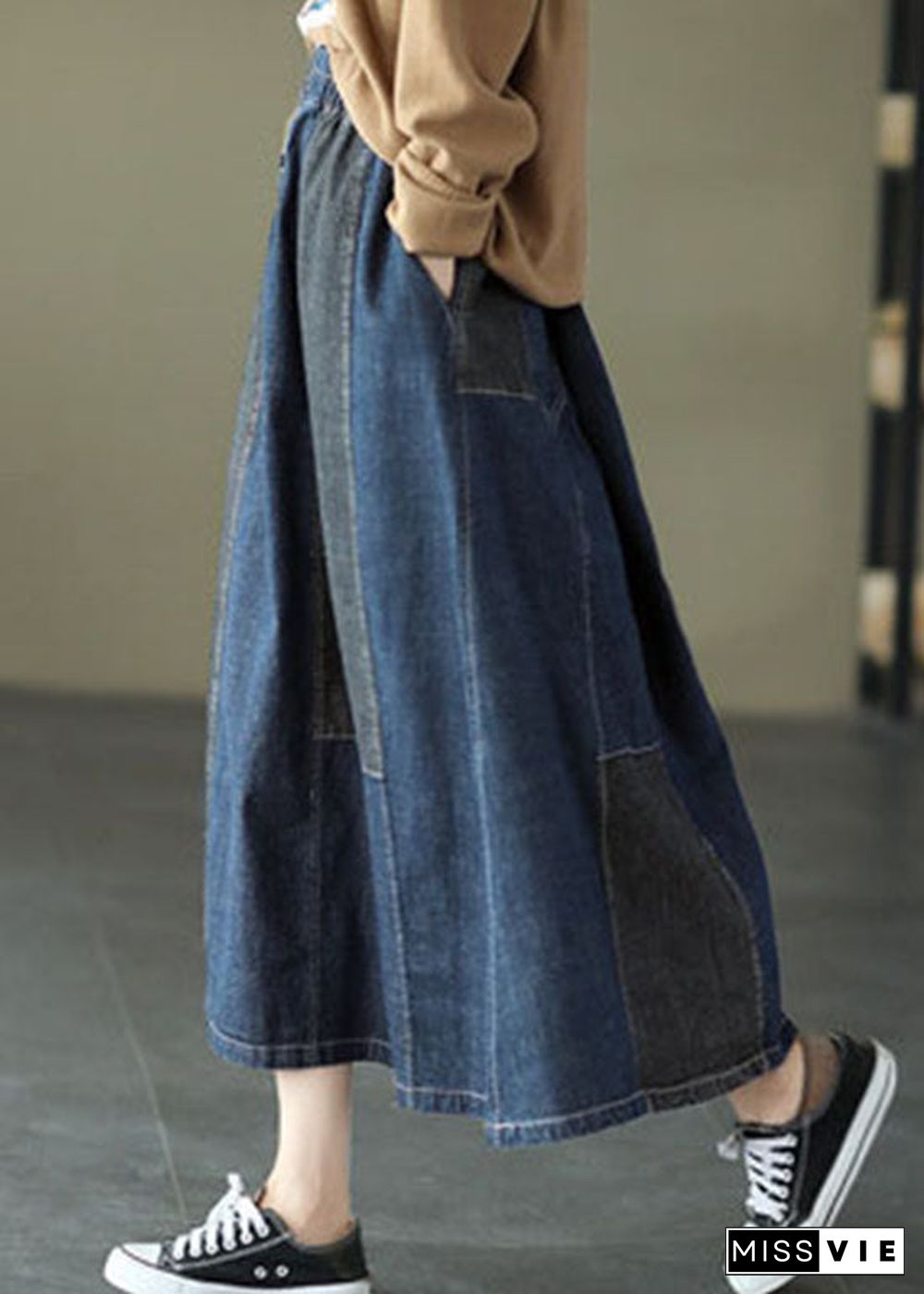 Dark Blue Denim Skirt Elastic Waist Button Spring