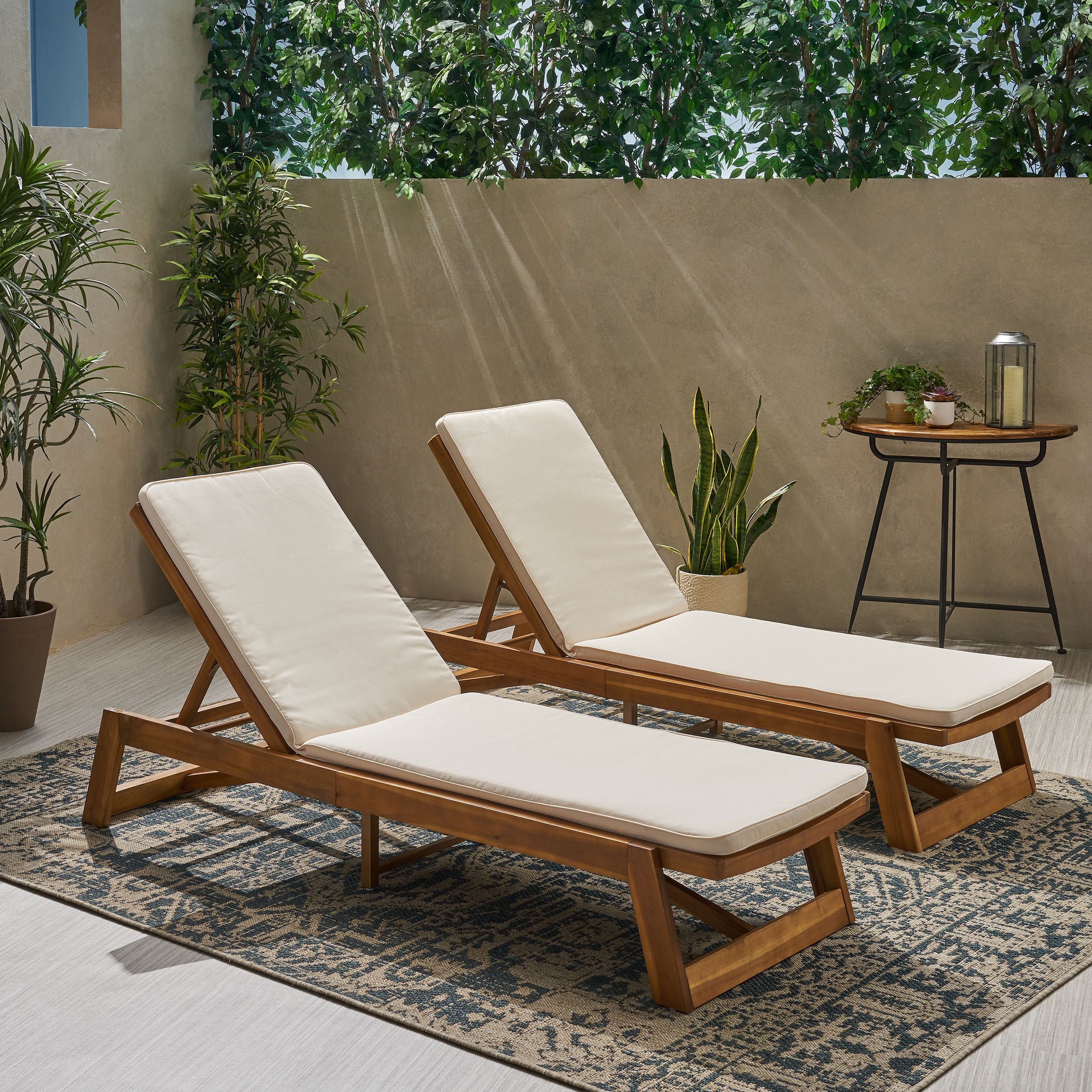 Tina Outdoor Acacia Wood Chaise Lounge and Cushion Sets (Set of 2)