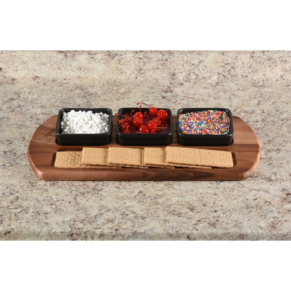 Charcuterie/ Serving Tray w/ 3 black square ceramic bowls