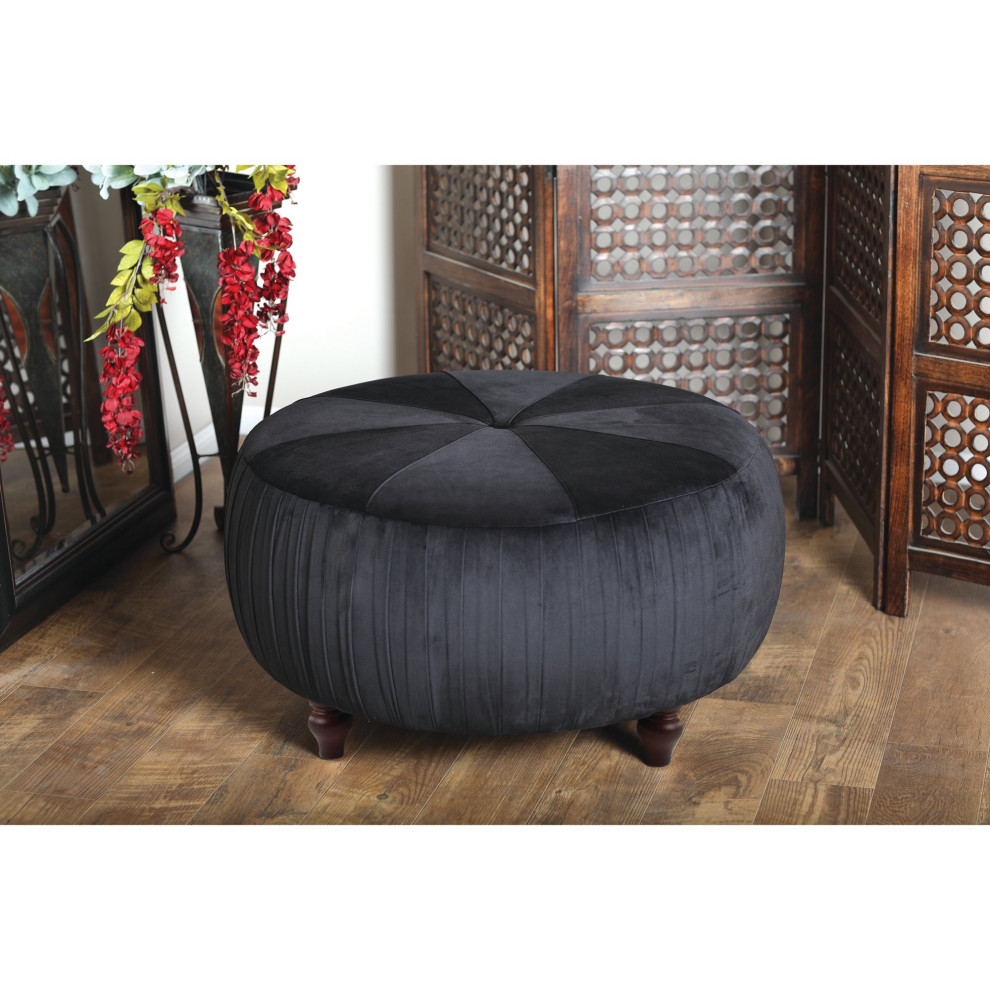 Round Ottoman  Velvet Upholstered Seat With Single Tuft Accent  Ebony Black   Traditional   Footstools And Ottomans   by Decor Love  Houzz