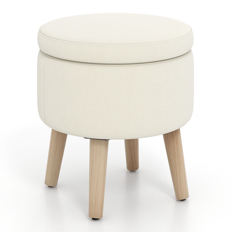 Round Storage Ottoman With Rubber Wood Legs And Adjustable Foot Pads