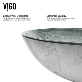 VIGO Glass Round Vessel Bathroom Sink in Silver with Seville Faucet and Pop-Up Drain in Brushed Nickel VGT838