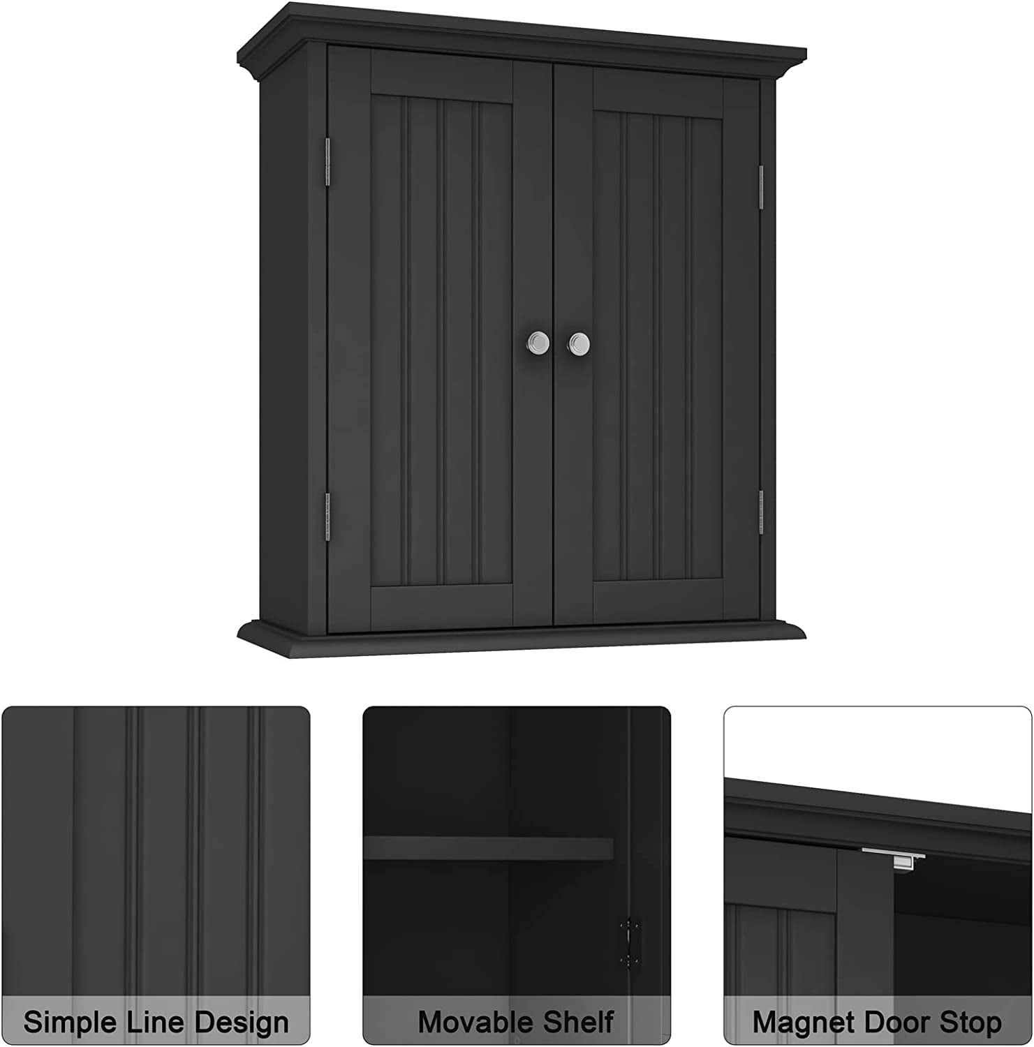 Bathroom Wall Cabinet, Over The Toilet Space Saver Storage Cabinet, Medicine Cabinet with 2 Door and Adjustable Shelves, Cupboard (Black)