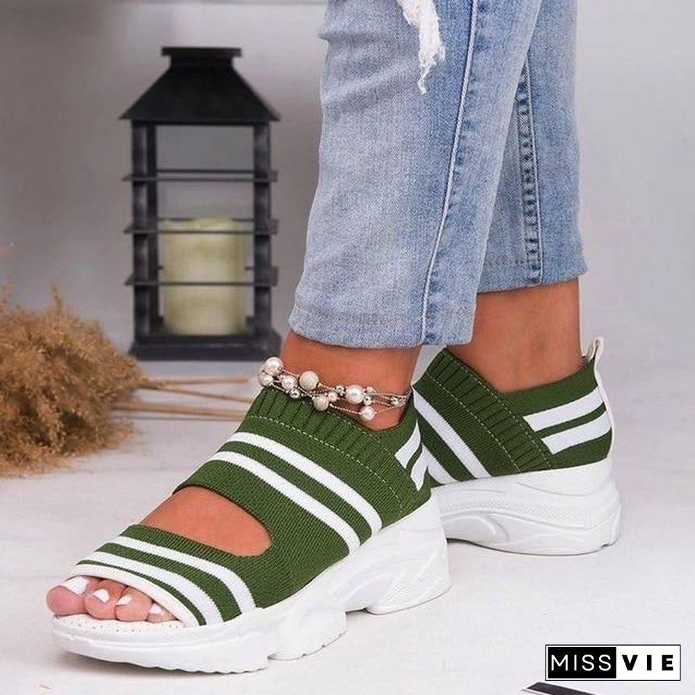 New Women Sandals High Heels Platform Women Shoes Summer Casual Female Sneakers Knitting Slip On Peep Toe Women Sandals