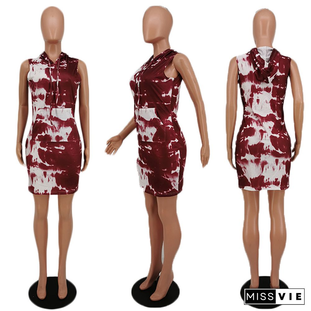 Women's Tie-dye Printed Sleeveless Hooded Dress