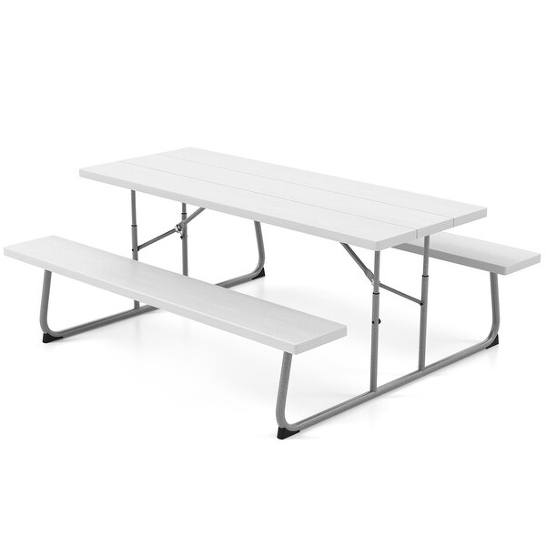 Folding Picnic Table Set with Metal Frame and AllWeather HDPE Tabletop，Umbrella Hole