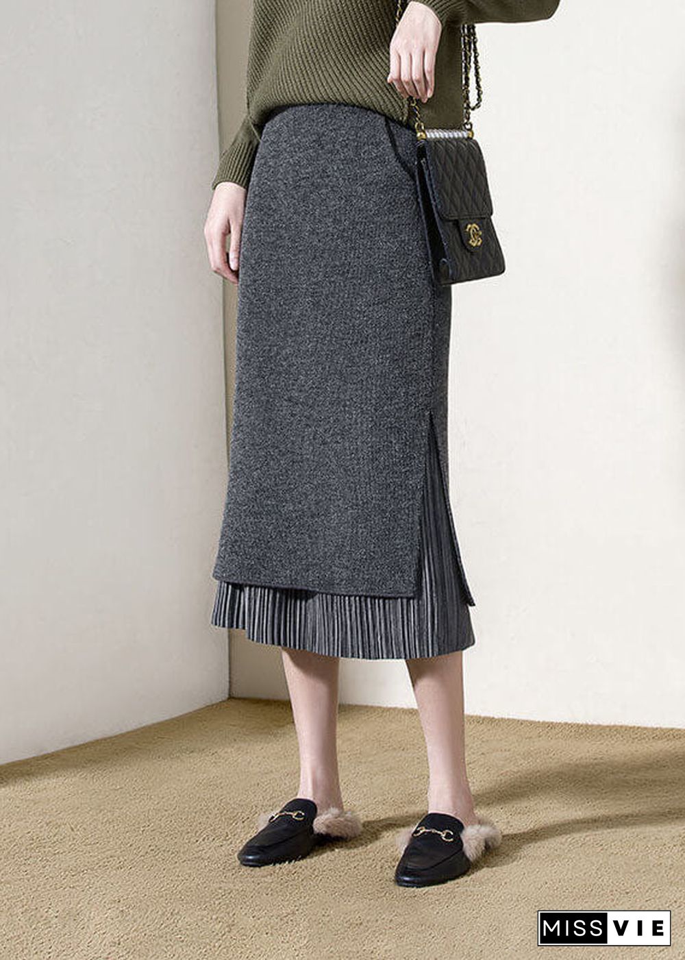 Vintage Grey High Waist Patchwork Side Open Woolen Wraped Skirts Winter