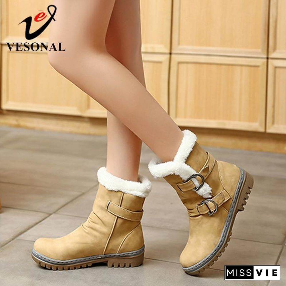 Women Leather Warm mid-calf Plush Fur Velvet Boots Booties Snow Shoes