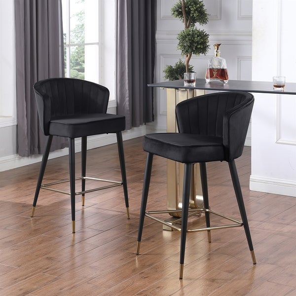 Set of 2 Contemporary Velvet Upholstered Stool with Channel Tufting