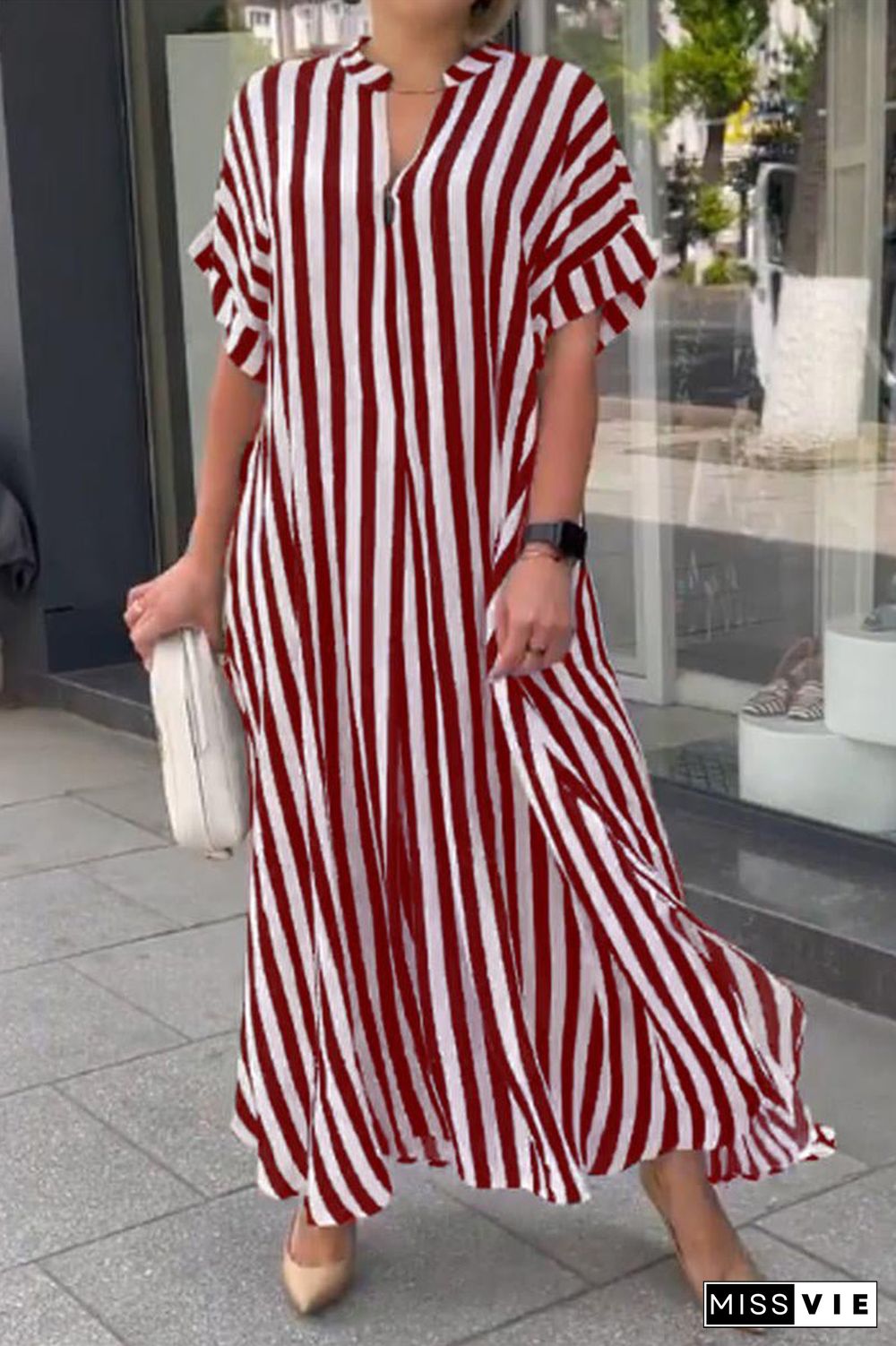 Casual Striped Patchwork V Neck Straight Dresses(3 Colors)